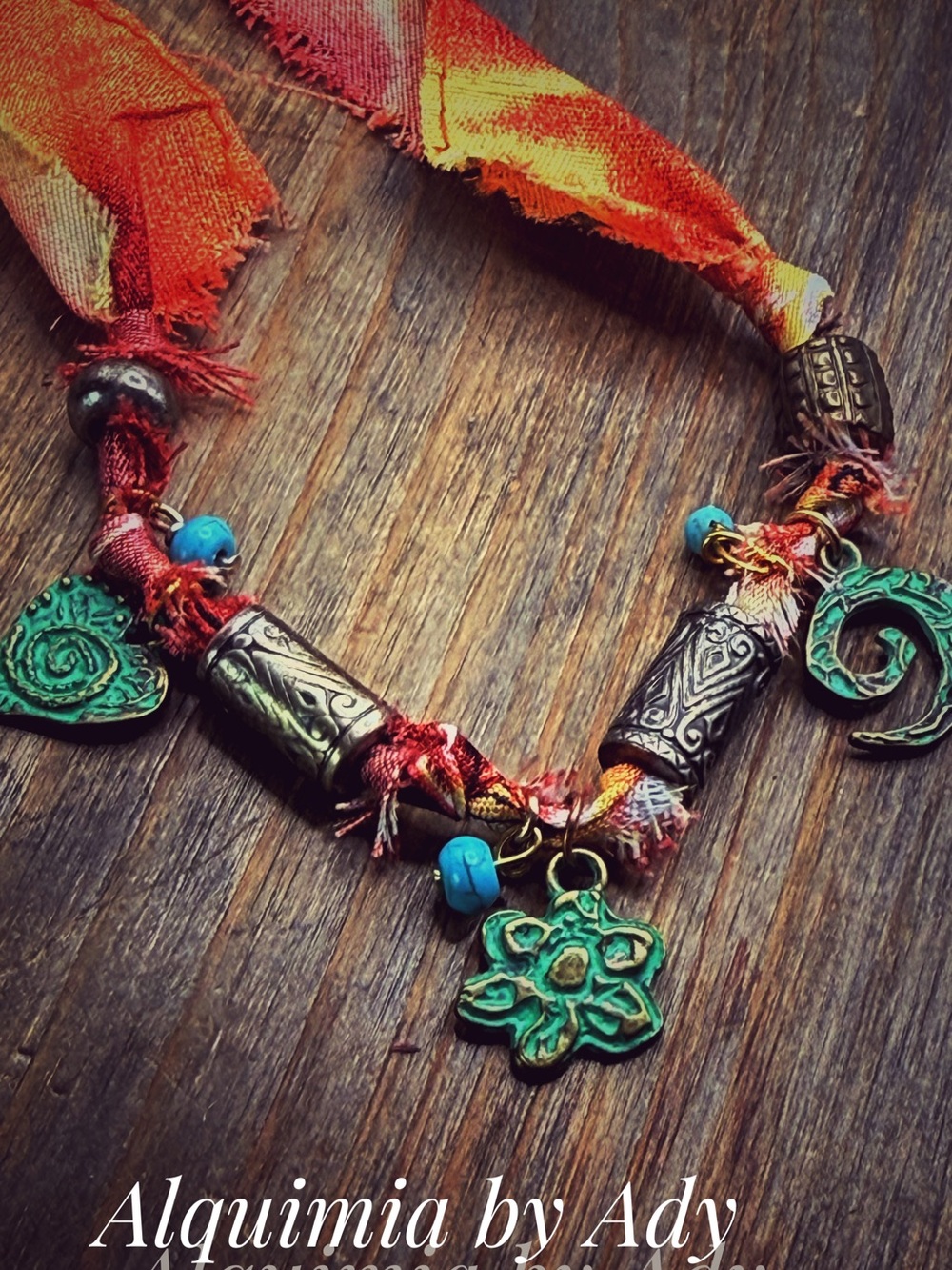 Fall + Turquoise & Green Boho Bracelet with Red-Orange Ribbon